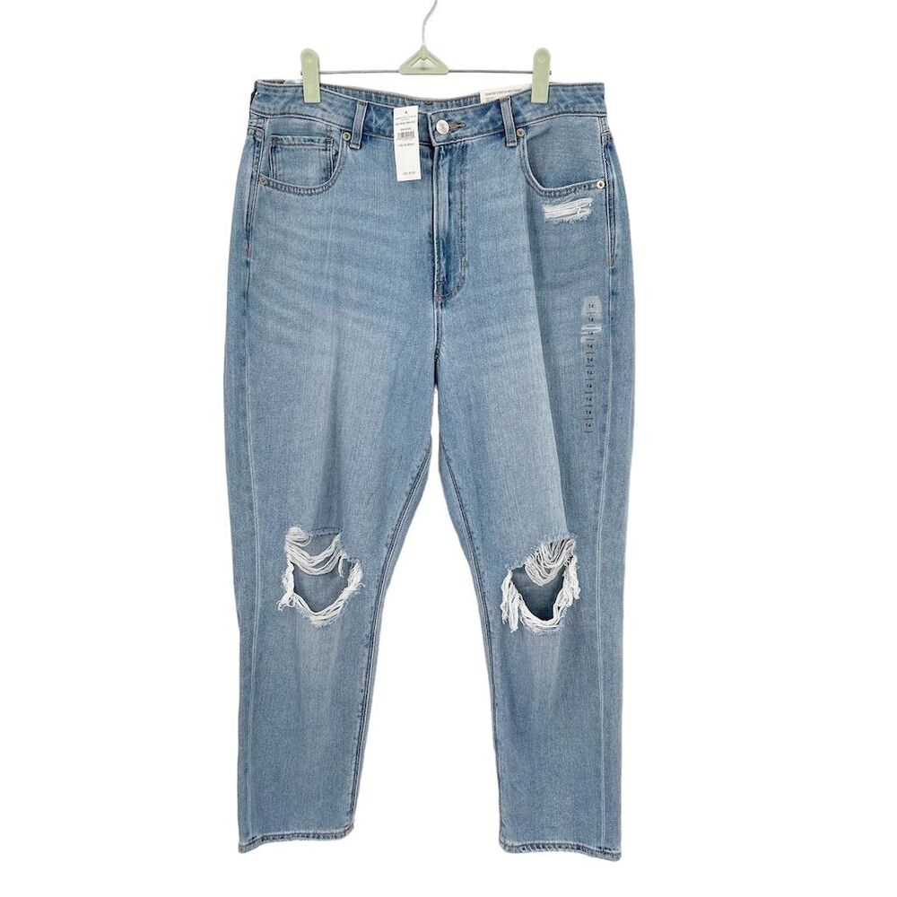 American Eagle Size 14 Short Ripped Mom Jeans Light Wash‎ Blue Stretch Waist NWT